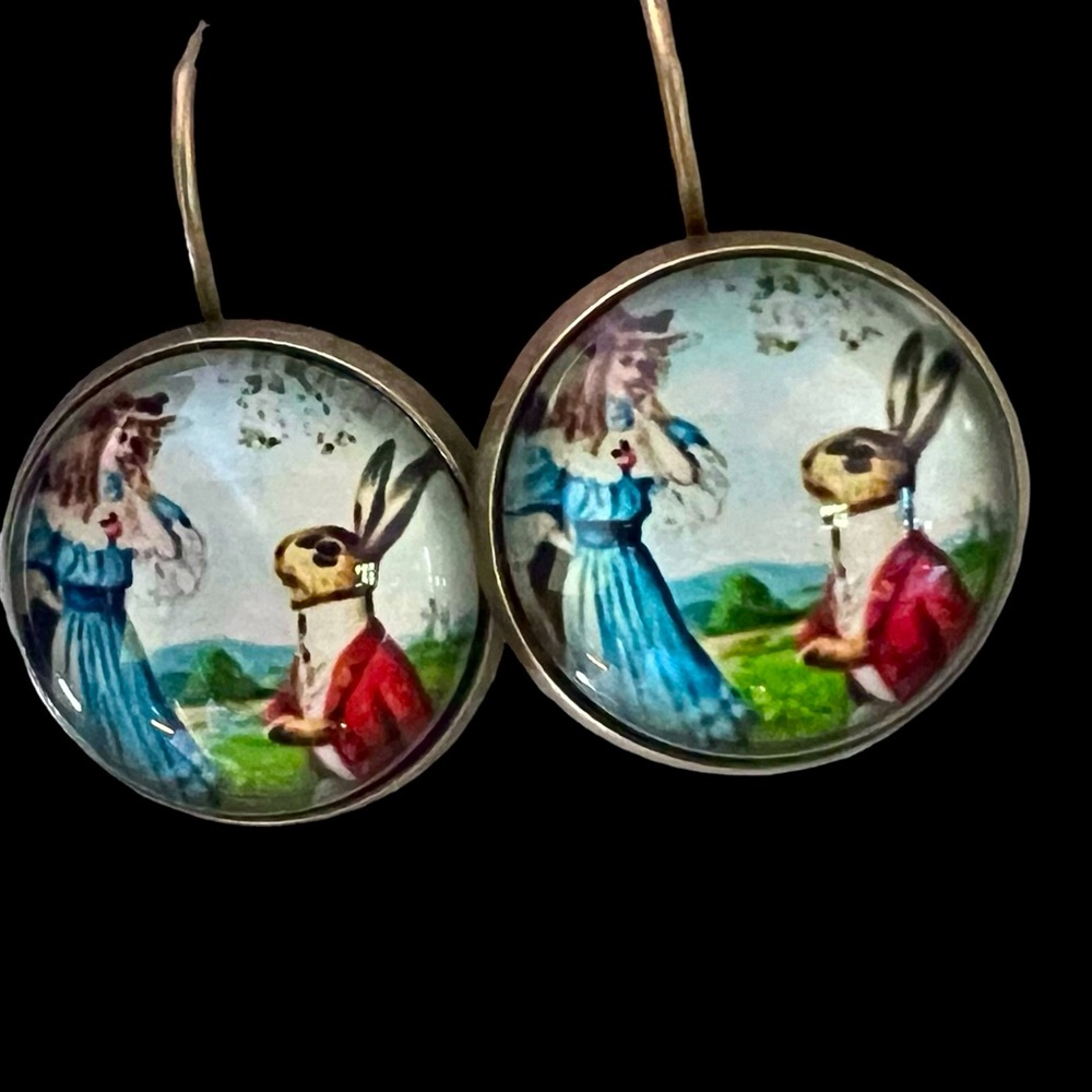 Glass bubble lever back earrings Victorian Alice in Wonderland March Hare
